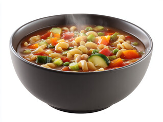 Hearty and healthy vegetable pasta soup steaming in a dark bowl, perfect for a comforting meal.
