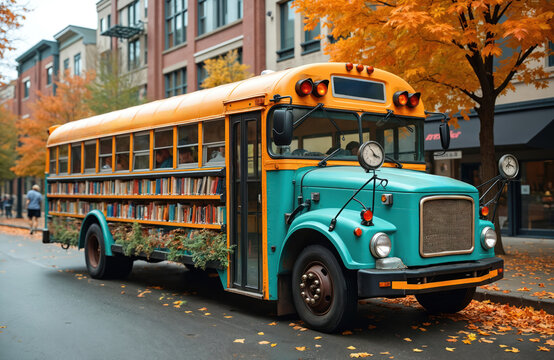 Orange and teal bus converted into a traveling library for community outreach and education. Colorful books fill exterior shelves, offering literacy programs on city streets.