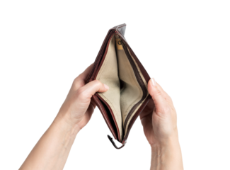 Open empty wallet in female hands on transparent background. Symbol of no money, economic hardship, financial troubles, or personal debt concept.