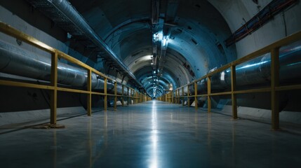 Fototapeta premium Underground utility tunnel tunnel corridor walkway with railing industrial conduit concrete arch maintenance passage long perspective dim lighting reflective floor
