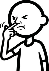 Cartoon stick figure picks his nose with a disgusted expression, rendered in bold black lines against a plain white background, ideal for humorous or illustrative designs.