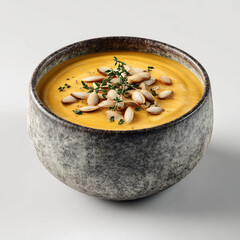 Warm and inviting bowl of creamy pumpkin soup garnished with fresh herbs and seeds, perfect for autumn.