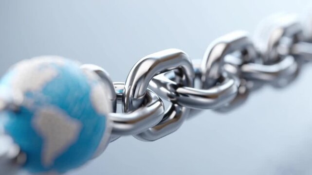 Global economy concept featuring blue globe linked by silver chain symbolizing international tariffs and global connection in modern commerce and trade environment