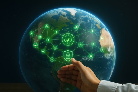 A Digital Representation of Global Connectivity Showcasing Interactive Technology and Environmental Awareness on a Planet Earth Background