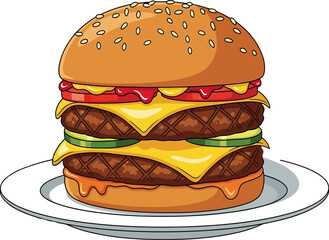 Detailed cartoon hamburger with double patties, cheese, and vegetables sits on a white plate, creating a vibrant and appetizing image suitable for food-related designs.