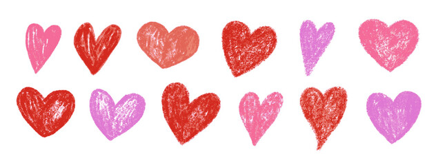 Grunge hearts icons. Scribble ink grunge heart shapes drawn with pencil and crayons set. Red graphic elements