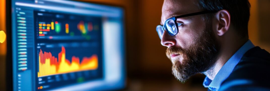 Focused Professional Analyzing Stock Market Data on a Computer Screen