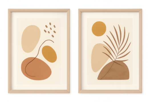 Bohemian minimal framed abstract art diptych for decor