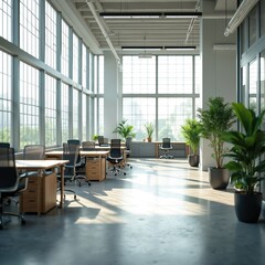 Fototapeta premium Spacious modern open plan office interior ready for business. Many empty desks, ergonomic chairs neatly arranged in rows. Large windows provide bright natural sunlight, creating productive