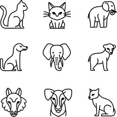 Various animals including cats, dogs, and elephants are illustrated in a simple line art style, displayed in a clean black and white composition great for educational or design projects.