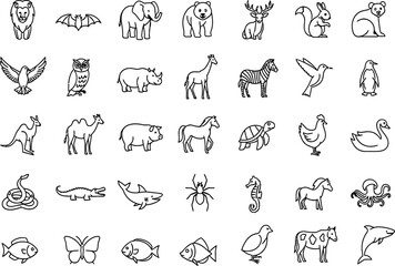 Variety of outlined animal icons are displayed in a visually appealing arrangement, perfect for educational materials or designs focusing on wildlife and nature themes.