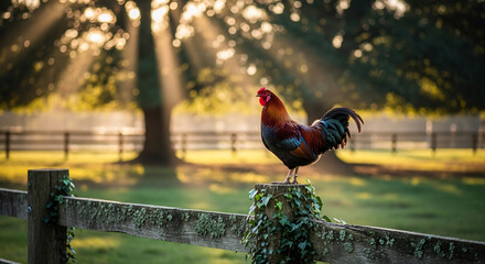 A colorful rooster stands proudly on a fence post bathed in golden morning light. Ideal for farm themes, Easter celebrations, or rural lifestyle promotions.