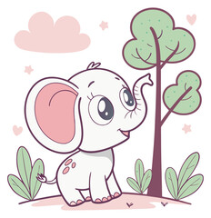 Little adorable baby elephant in whimsical forest looking happy and content.Isolated transparent background ( include cut-out PNG file )