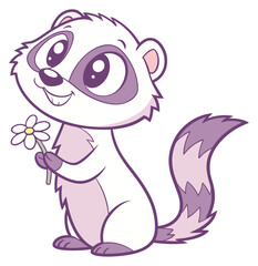 Fototapeta premium Cute purple and white weasel holding a small daisy flower and smiling.Isolated transparent background ( include cut-out PNG file )