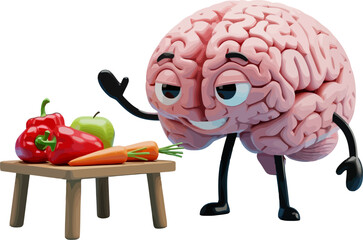 Cartoon brain with arms and legs presents vibrant red peppers, apple and carrot arranged on a small wooden table, promoting healthy eating habits for wellness campaigns.