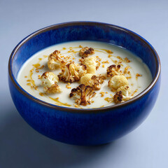 Creamy cauliflower soup topped with roasted florets and a drizzle of oil in a blue bowl