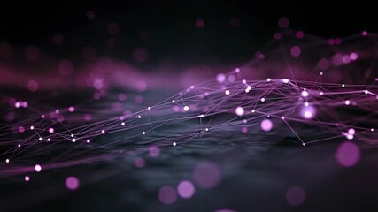 A dynamic network of glowing pink and purple points connected by lines against a dark blurred background with luminous circular elements - Powered by Adobe