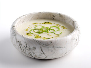 Creamy soup with fresh green garnish in a stylish marble bowl, a comforting and elegant dish.