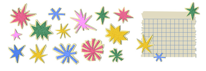 Set of tear paper stars with checkered paper pages. Cut color explosion shapes with torn edge. Shape love doodle scrap. Vector illustration