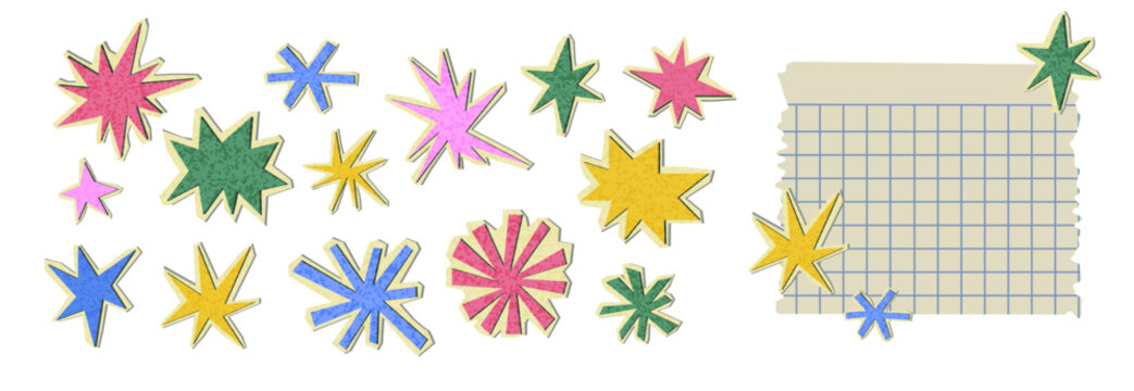 Set of tear paper stars with checkered paper pages. Cut color explosion shapes with torn edge. Shape love doodle scrap. Vector illustration