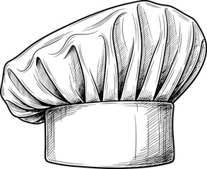 White chef hat is drawn in a sketchy style with detailed hatching, floating on a white background, perfect for illustrating food service industry concepts.