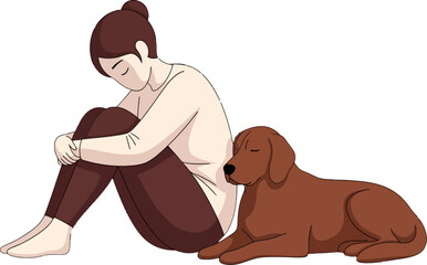 Illustration of a sad woman sitting with her head down and a brown dog laying next to her conveys a mood of loneliness and comfort, suitable for mental health or lifestyle content.