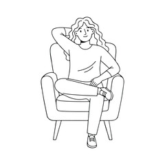 Minimal vector drawing of calm woman relaxing on sofa in casual outfit