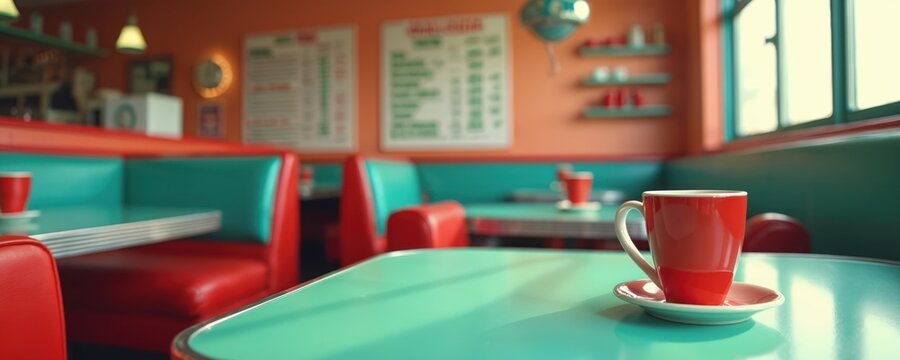 Red cup sits on turquoise table in vintage diner with booths. Menu boards on wall show prices. Retro american eatery setting invites friends.