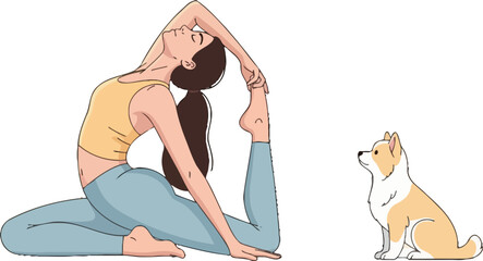 Cartoon woman doing yoga pose while her cute puppy dog sits and watches on a white background creating a peaceful and healthy scene ideal for pet-related fitness or lifestyle content.