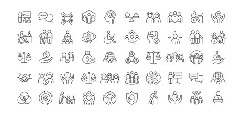 A set of vector icons representing workplace inclusion, equity, diversity, and human rights, created in line style with editable stroke