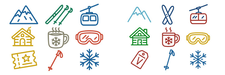 Winter sports symbols and icons representing skiing, snowboarding, and cozy mountain retreats in a snowy landscape