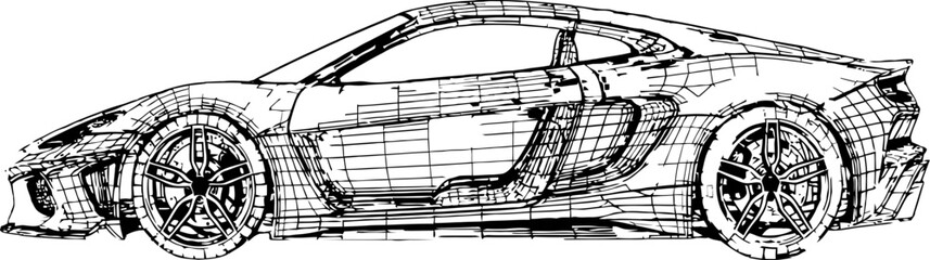 Sports car is rendered in a minimalist black wireframe style against a clean white background, creating a modern, graphic illustration ideal for automotive or technology related projects.