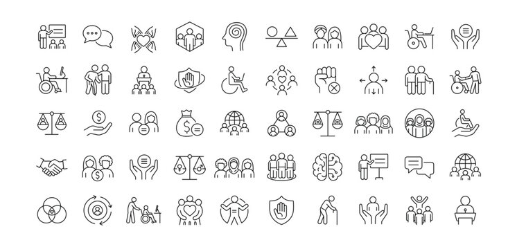A set of vector icons representing workplace inclusion, equity, diversity, and human rights, created in line style with editable stroke