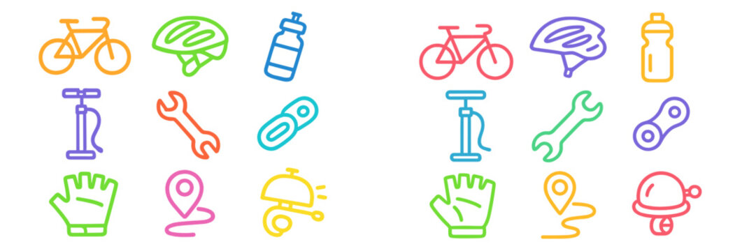 Colorful bicycle accessories and gear illustrations for cycling enthusiasts and outdoor activities