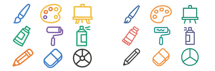 Art supplies and tools arranged creatively in colorful illustrations showcasing various items for artists