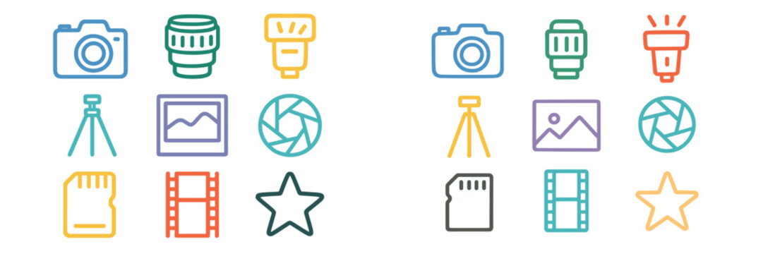 Colorful icons representing various photography tools and accessories arranged in a neat grid format for educational purposes