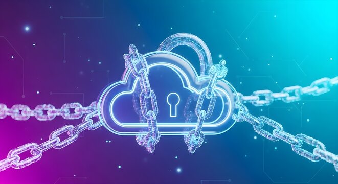 Secure digital cloud storage protected by strong chains and a padlock, symbolizing data security.