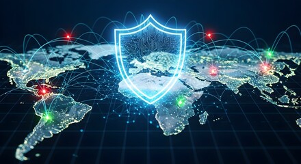 Global network security shield protecting digital connections across the world