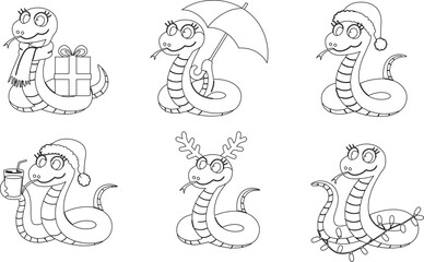Obraz premium Collection of Festive Snake Cartoons Snakes with Presents, Umbrella, Christmas Hat, Reindeer Antlers