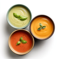 Three colorful bowls of creamy soup, garnished with fresh basil, offer a delightful culinary experience.