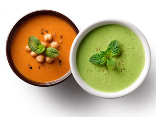 Two vibrant bowls of healthy, delicious soup, one orange and one green, garnished with fresh mint.