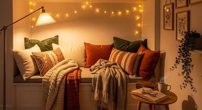 Cozy reading nook interior with cushions, blankets, and warm lighting - Powered by Adobe