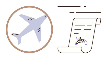 Airplane within circular frame beside signed legal document with signature. Ideal for aviation law, travel contracts, compliance, transport policies, international agreements, air travel, logistics