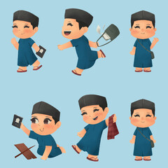 Cute boy in traditional Islamic outfit, showing various poses and expressions. Perfect for education, Ramadan, storybooks, character design, and cultural illustration projects