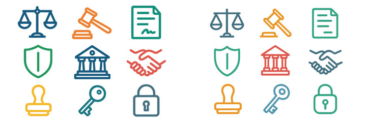 Legal symbols illustrating justice, law, and security concepts in colorful design