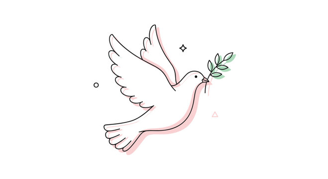 Stylized white peace dove flying with an olive branch, depicted in a clean line art style with subtle color accents, symbolizing hope and peace.