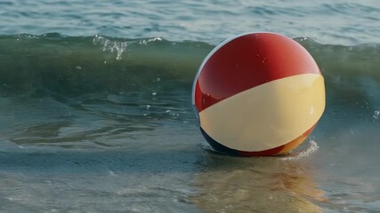 A colorful beach ball floating on the edge of the ocean, a symbol of summer fun.