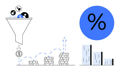 Funnel filtering audience into monetary gains, stacked coin growth, percentage symbol, bar chart. Ideal for marketing, analytics, sales, finance ROI investment business strategy. Simple flat