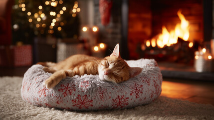 cozy holiday scene with ginger cat sleeping on plush red snowflake pet bed beside glowing fireplace, lit candles, and decorated christmas tree in warm festive lighting
