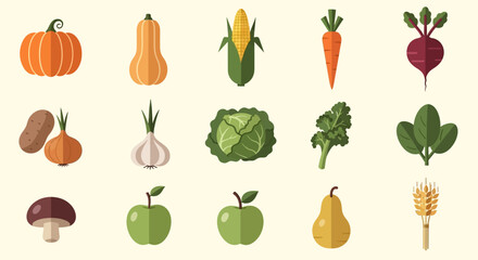 Set of Fresh Autumn Harvest Fruits and Vegetables Icons.